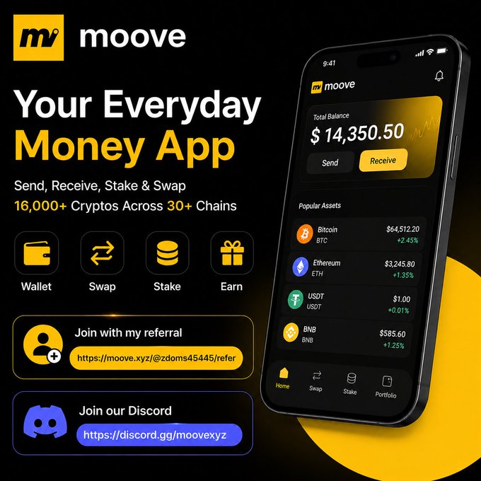 The image features a black smartphone with a Moove app displayed, showcasing its money app that allows users to send and receive cryptocurrency across multiple chains. The app also provides information about the different types of cryptocurrency supported by the Moove Money App. The background color is yellow, which contrasts with the black screen of the phone.