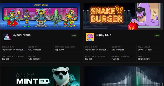 A cryptocurrency or NFT project dashboard showing two active projects: 'CyberThrone' (Reputation & Contribution, Top 1000, 130.2K HYPE) and 'Slippy Club' (Reputation & Contribution, 300 GTD Spots, 6D 21H 30M), along with partial views of other projects including 'Minted' and a chart graphic.