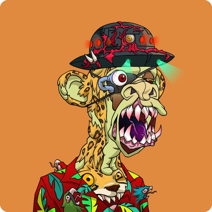 A snarling, snaggle-toothed mutant cheetah with a blood-splattered bucket hat, a glowing mechanical eyeball, and a stitched-up eye bares its fangs alongside tiny creatures on its Hawaiian shirt, perfectly matching the wild "gm and happy mutant Monday!!" vibe.
