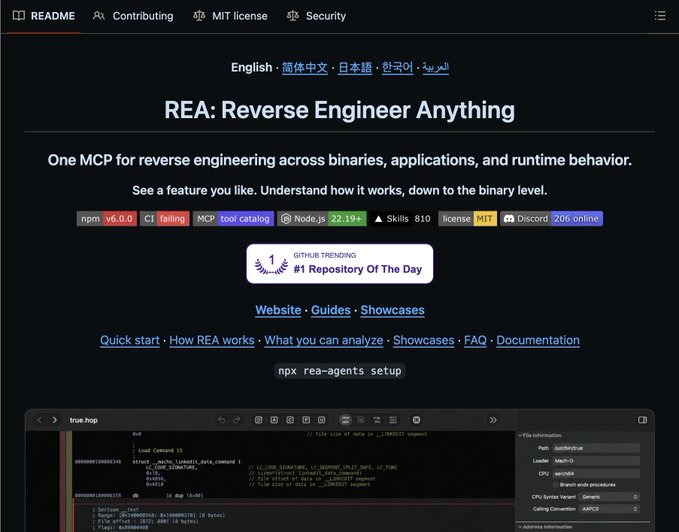 The GitHub README page for 'REA: Reverse Engineer Anything' tool, highlighting it as a one MCP for reverse engineering across binaries and runtime behavior, marked as #1 Repository Of The Day.