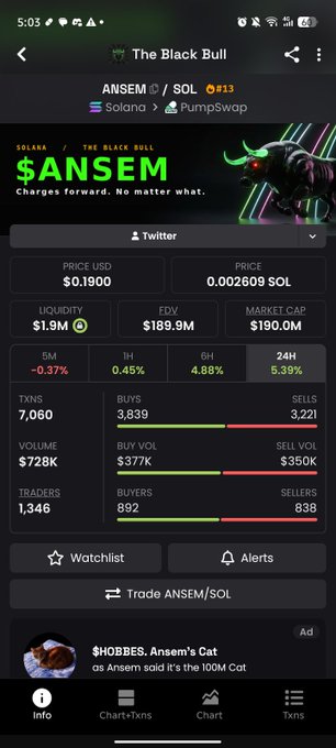 A mobile screenshot of a cryptocurrency tracking app showing the $ANSEM token (The Black Bull) on Solana/PumpSwap, with a price of $0.1900 USD (0.002609 SOL), market cap of $190.0M, FDV of $189.9M, 5.39% gain in 24H, 7,060 TXNS, and an ad for "$HOBBES, Ansem's Cat."