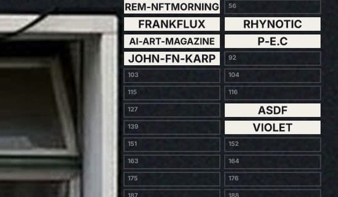 A list displays usernames including REM-NFTMORNING, FRANKFLUX, Ai-ART-MAGAZINE, JOHN-FN-KARP, RHYNOTIC, P-E_C, ASDF, and VIOLET next to numbered slots.