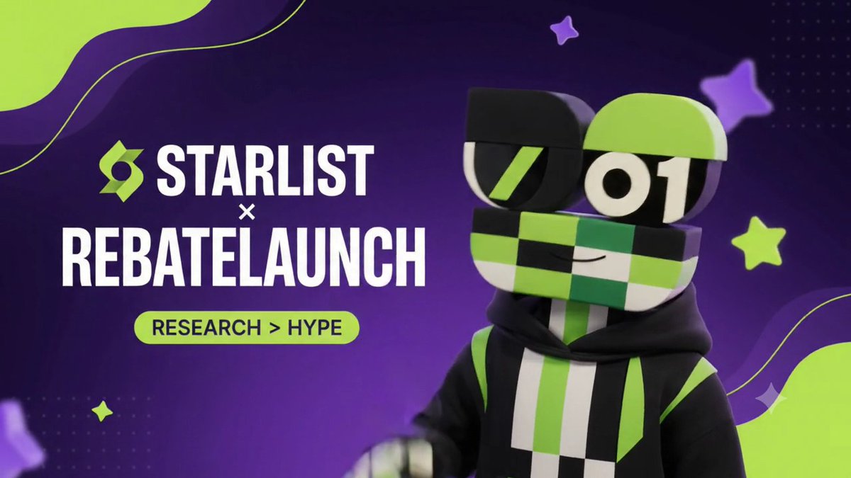 'STARLIST x REBATELAUNCH' promotional banner with 'RESEARCH > HYPE' tagline, featuring a green and black checkered 3D character with '01' on its head against a purple background with stars.