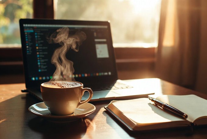 A steaming cup of coffee sits on a wooden desk next to a laptop and an open notebook with a pen, bathed in warm sunlight.