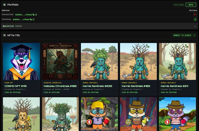 A cryptocurrency portfolio interface displaying connected wallet addresses and a watchlist of NFTs, including 'COSMO NFT #15', 'Kaibutsu Chronicles #129', and multiple 'Kernie Sentinels' entries, with collections like CryptoPunks Properties, Kaibutsu Chronicles, and Kernie Sentinels.