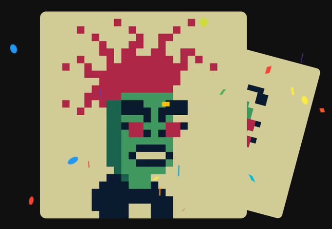 A pixel art style illustration shows a green-faced character with red, spiky pixelated hair against a yellow background.