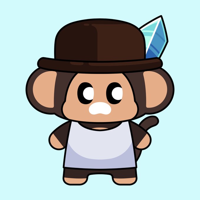 A cartoon illustration of a cute brown monkey character wearing a dark brown hat with a blue feather and a white tank top, set against a light blue background.