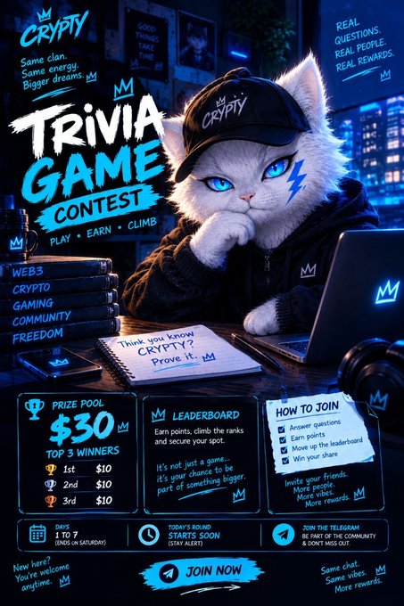 A promotional graphic for a 'CRYPTY TRIVIA GAME CONTEST' features a white cat wearing a black cap and hoodie sitting at a laptop, advertising a $30 prize pool with a 'JOIN NOW' button.
