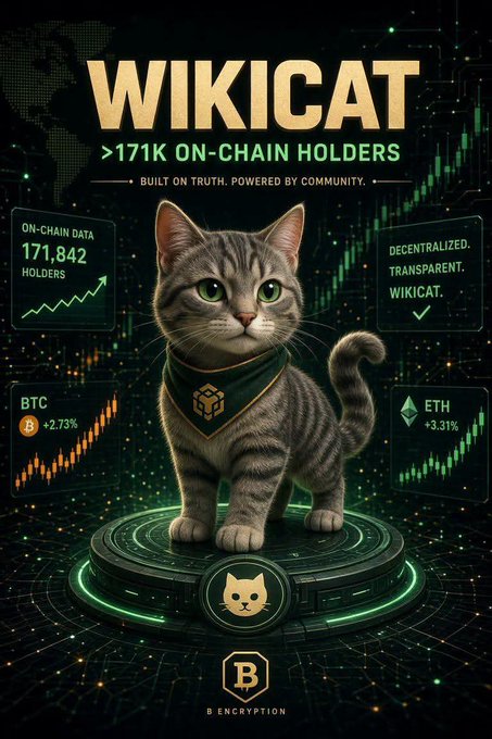 A promotional graphic for "WIKICAT" featuring a gray tabby cat wearing a green bandana, standing on a digital platform. The image displays text including ">171K ON-CHAIN HOLDERS," "BUILT ON TRUTH. POWERED BY COMMUNITY," and shows "BTC +2.73%" and "ETH +3.31%" alongside a green candlestick chart.