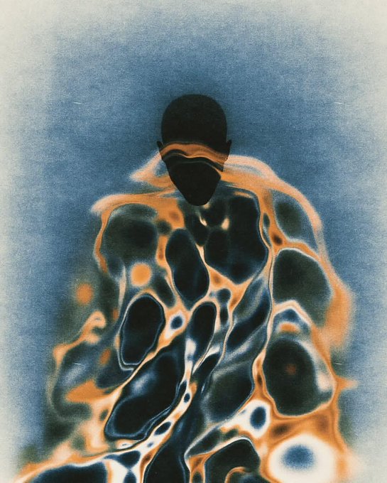 An abstract painting of a muscular humanoid figure composed of black and glowing orange cellular shapes against a blue background.