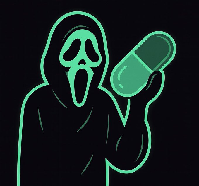 A glowing green cartoon figure in a Ghostface mask and hooded robe holds up a large pill capsule, evoking the "Scream" killer's iconic pose. The image humorously suggests the user's bold promise of reaching a 6-figure balance and becoming the top trader on the Pump app, despite their frustrations with existing trading platforms—implying they'll do whatever it takes (or "pop pills") to achieve those gains, while promoting their handle @b0livian.
