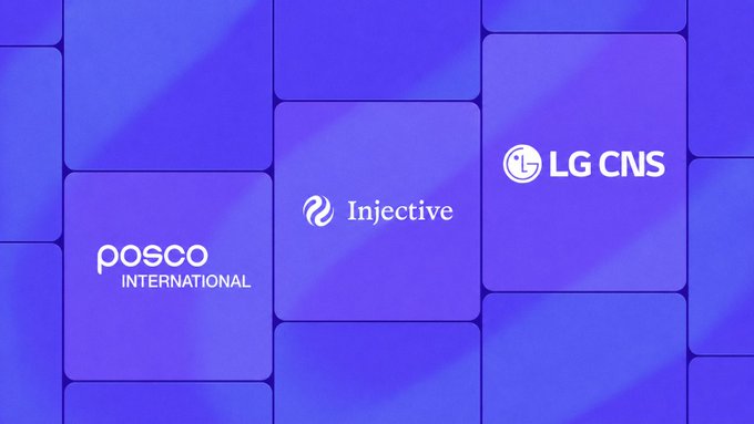 A graphic displaying corporate logos including "posco INTERNATIONAL", "Injective", and "LG CNS" against a blue gradient background.