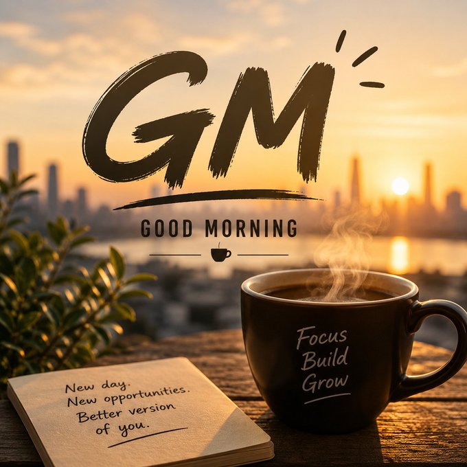 A "Good Morning" motivational graphic featuring a steaming coffee mug on a table against a city sunrise, with text "Focus Build Grow" on the mug and a notepad reading "New day. New opportunities. Better version of you."