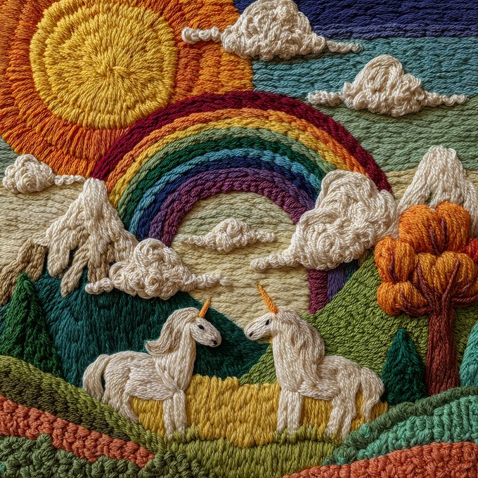 The image features a vibrant scene with two white unicorns standing together, surrounded by a lush green field dotted with trees and mountains. The background showcases a rainbow arching over the landscape, adding a touch of magic to the overall composition. The text in the image reads "I believe I thanked you before but it never hurts to get another thank you @livingarts_eth for minting an edition of my art." This message is placed at the bottom right corner of the image.