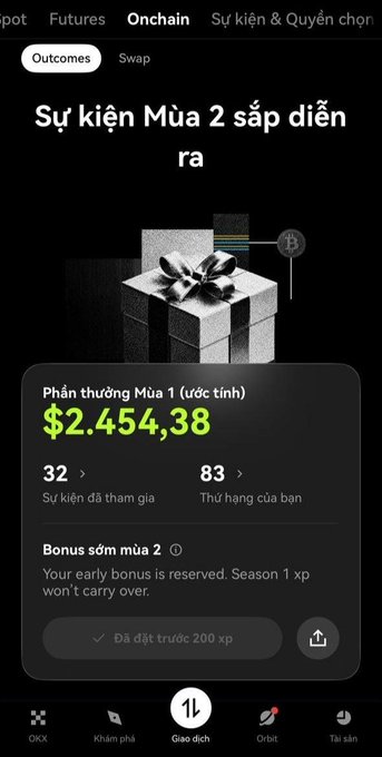 Screenshot of a cryptocurrency app interface showing a Season 1 estimated reward of $2,454.38, with 32 events participated and 83 rank, highlighting an early bird bonus for Season 2.