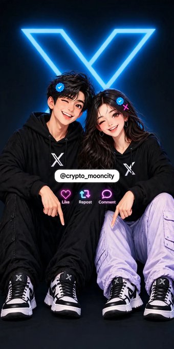 An anime-style illustration of a young man and woman in matching black X-logo hoodies sitting together, with social media interaction icons and the text '@crypto_mo' overlaid.
