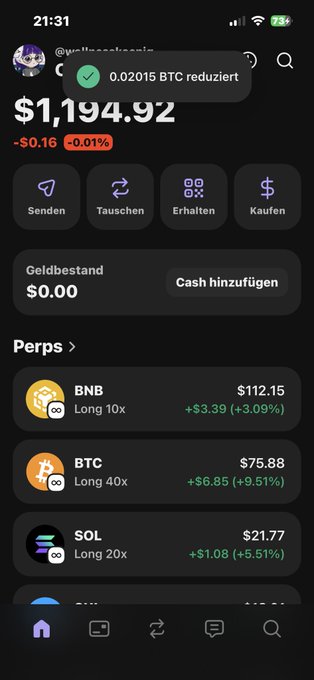The image shows a phone screen displaying various cryptocurrency trading options, including Bitcoin and Btc. The screen also has a message about investing in Bitcoin, stating that it's not a waste of money if one invests slowly and moderately. The text on the screen is written in German, which might be difficult for some people to understand at first glance.