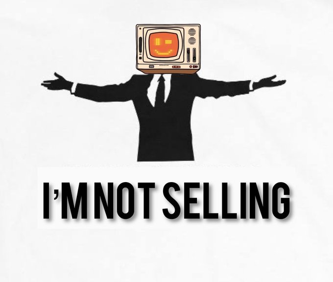 An illustration shows a silhouette of a businessman with a smiling retro TV for a head, arms spread wide, paired with the bold text "I'M NOT SELLING." The image reinforces the post's message of holding $BNKR by visually declaring the poster's commitment not to sell, contrasting with the cautionary point about charts dumping large sell-offs.