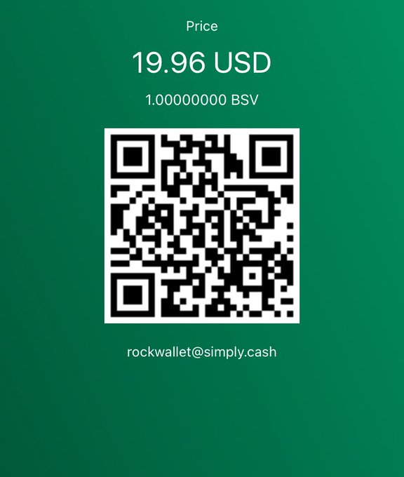 A green screen displaying a QR code with 'Price 19.96 USD', '1.00000000 BSV', and the email 'rockwallet@simply.cash'.