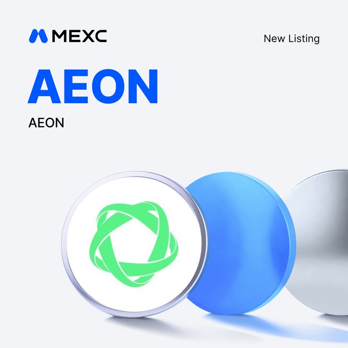 MEXC announces the new listing of $AEON on its exchange, with $AEON/USDT trading opening July 27, 2026, at 10:00 UTC, as shown in the promotional graphic featuring the AEON token's green logo against MEXC's branding.