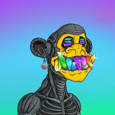 A digital illustration of a robotic ape character with a yellow skull-like face, glowing eyes, and a mouth full of colorful crystal-shaped teeth, wearing a black earring with a red gem against a purple-to-teal gradient background.