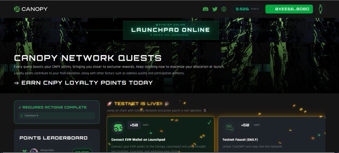 A dark-themed website dashboard for 'Canopy Network' showing the 'LAUNCHPAD ONLINE' section with information about earning CNPY loyalty points, including a leaderboard and quest details.