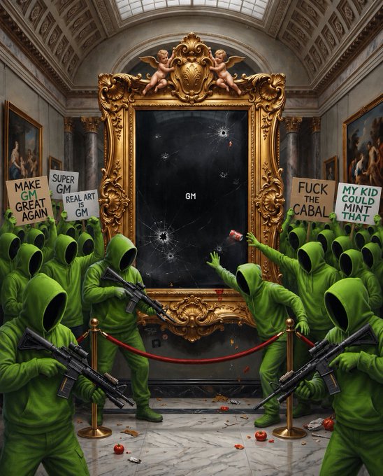 A surreal digital artwork depicts hooded figures in green surrounding and vandalizing a large ornate gold-framed painting in a museum, with bullet holes in the canvas and protesters holding signs reading 'MAKE GM GREAT AGAIN', 'SUPER GM', 'REAL ART IS GM', 'FUCK THE CABAL', and 'MY KID COULD MINT THAT'.