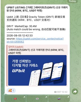 A Upbit listing announcement for GRVT (Gravity Token) on KRW, BTC, and USDT markets with a market cap of 30.4M, timestamped 2026-08-05, which supports the post's observation that newly listed contracts like $GRVT often experience price increases following their exchange debut.