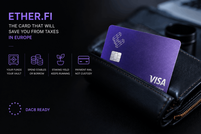 The image showcases EtherFi's purple Visa card in a black wallet, promoting it as "THE CARD THAT WILL SAVE YOU FROM TAXES IN EUROPE." It highlights features like self-custody vaults, stablecoin spending/borrowing, staking yield, and non-custodial payment rails, with a "DAC8 READY" badge—visually reinforcing the post's point that while the card uses Visa rails and requires KYC, it remains DAC8-compliant rather than evading tax obligations.
