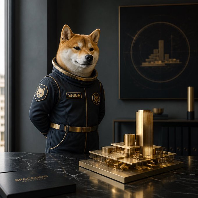 A digital illustration of a Shiba Inu dog wearing a dark space suit with 'SHIBA' on the chest patch, standing next to a gold architectural model on a marble desk.