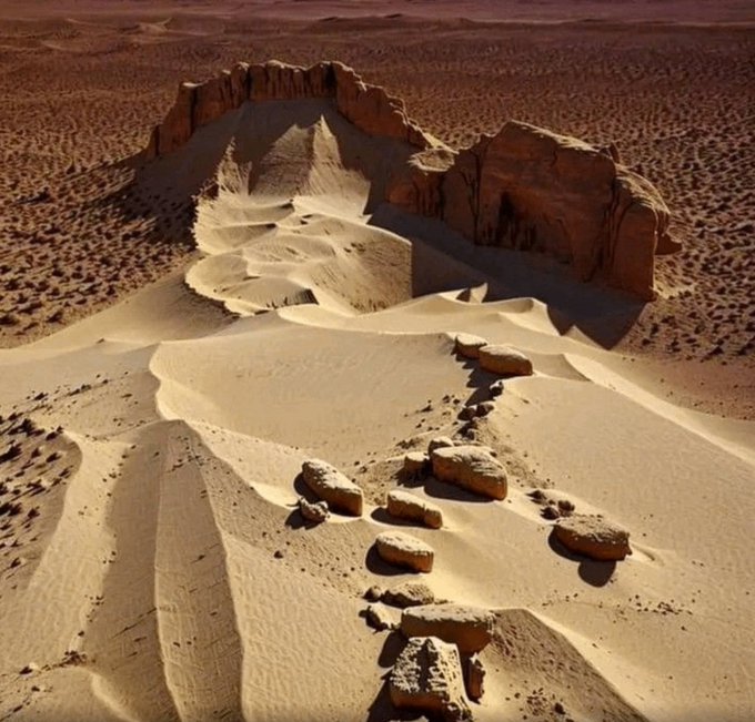 A vast, arid desert landscape features sandstone rock formations rising from windswept dunes, with scattered rocks trailing down the sandy slope. The warm, barren scene evokes a sense of déjà vu, matching the post's feeling of having encountered this striking terrain before.