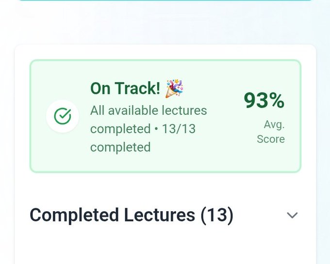 A progress card shows "On Track! 🎉" with all 13/13 available lectures completed and a 93% average score, above a "Completed Lectures (13)" dropdown, celebrating the completion of Days 11-13 of the @arc programmable money bootcamp.
