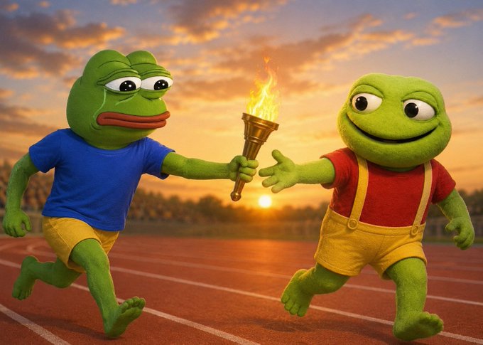 Two Pepe the Frog mascots pass an Olympic-style torch on a running track at sunset, symbolizing the relay of momentum from one memecoin success to the next. The image mirrors the post's theme of veteran crypto influencers like Ansem and Dudas "handing off" early support to emerging memecoins like $WIF and $BONK as the market transitions from bear to bull.