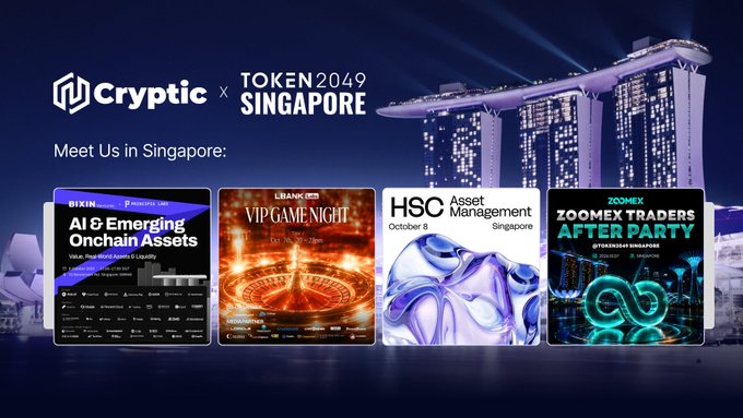 A promotional graphic by Cryptic announces their attendance at TOKEN2049 Singapore, featuring a Singapore skyline backdrop with the Marina Bay Sands visible. The image showcases four event posters including "AI & Emerging Onchain Assets" (October 8), "VIP Game Night," "HSC Asset Management" (October 8, Singapore), and "Zoomex Traders After Party" — corresponding to the post highlighting their CEO Arya Nedaee's speaking panel at the Zoomex After Party and participation in various partner events.
