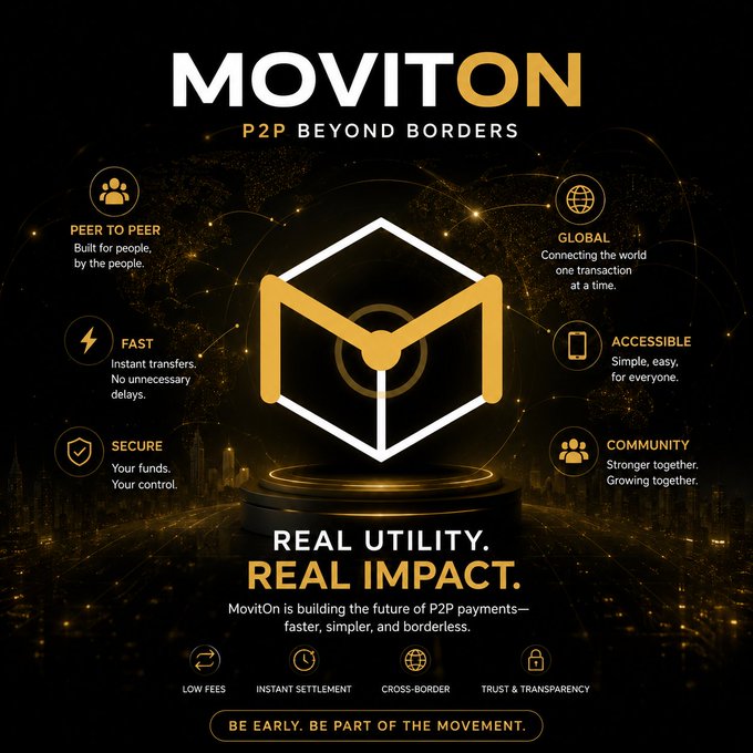 A promotional graphic for 'MOVITON - P2P Beyond Borders' emphasizing peer-to-peer payments with features like instant transfers, security, and cross-border transactions.