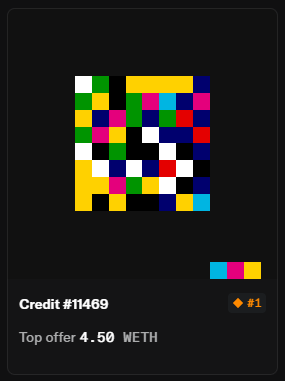A digital artwork titled "Credit #11469" displayed on what appears to be an NFT marketplace listing, showing a colorful pixelated mosaic design with a top offer of 4.50 ETH that the user missed out on due to geographic restrictions on the platform.