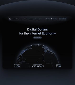 The image features a website with a black background that displays information about digital dollars for the internet economy. The text on the page reads "Digital Dollars for the Internet Economy" and provides details about the concept, including its benefits and potential drawbacks.