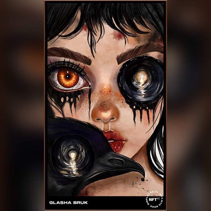 A dark, stylized digital artwork labeled 'GLASHA BRUK' depicting a woman's face with striking mismatched eyes—one orange human eye and one black mechanical eye—accompanied by a black crow or raven, with a 'GLASHA BRUK NFT' badge in the corner.