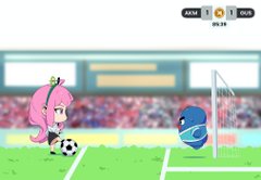 A cartoon-style soccer game scene shows a pink-haired anime character kicking a ball toward a goal where a blue shark mascot stands as goalkeeper, with a scoreboard reading "ANIM 1 - 0 SHAR" and a timer at "00:26," reflecting the $ANIME token's playful soccer matchup theme.