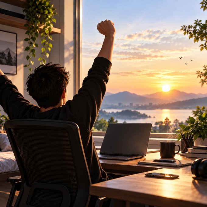 A person viewed from behind sitting at a desk with a laptop, stretching their arms up in victory while looking out a window at a sunset over water and mountains.