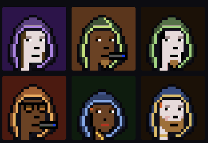 Six pixel-art character portraits with distinct skin tones, hair colors, and headwear arranged in a 2x3 grid, each displayed against a uniquely colored background. The post references "Chain Mancer NFT" and the spell "SHAZZAM," suggesting these stylized avatars represent the collectible characters associated with the project.