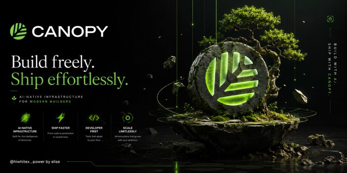 The image is a promotional graphic for "Canopy," an AI-native infrastructure platform for modern builders, featuring the tagline "Build freely. Ship effortlessly." alongside a stylized logo of a green leaf embedded in a stone with a bonsai-like tree growing from it. The graphic highlights key features including AI-native infrastructure, faster shipping, developer-first tools, and unlimited scalability, with the brand tagged as "@hiwhitea" and powered by "elise." The image relates to the post about Canopy Network by visually reinforcing the concept of streamlined, developer-friendly blockchain infrastructure that makes building and shipping applications easier.