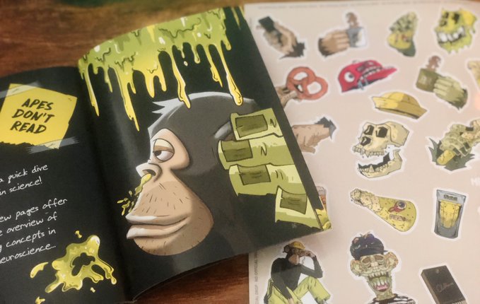 An open zine/magazine page titled 'APES DON'T READ' features illustrations of an ape character with slime dripping, alongside a sticker sheet showing various ape-themed designs including hats, skulls, and characters.