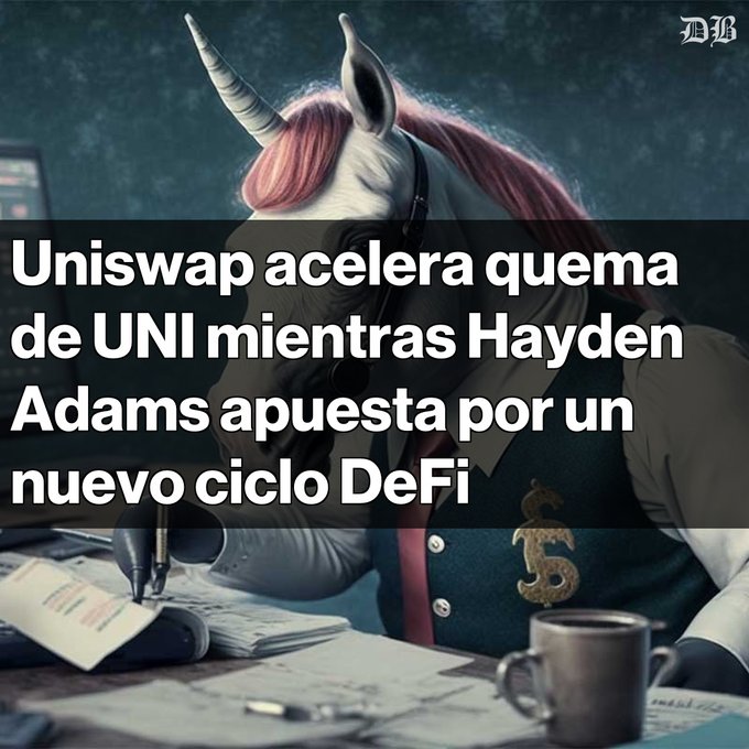 The image features a cartoon horse with pink mane and tail, wearing a suit and tie, sitting at a desk surrounded by papers and books. The text in the image reads "Uniswap quema en un día y lanza nuevas herramientas para impulsar DeFi. Hayden Adams compara el mercado actual con 2018, anticipando un nuevo ciclo de innovación." This post is about a new type of cryptocurrency called Uniswap that was created in 2018 and has been gaining popularity ever since.