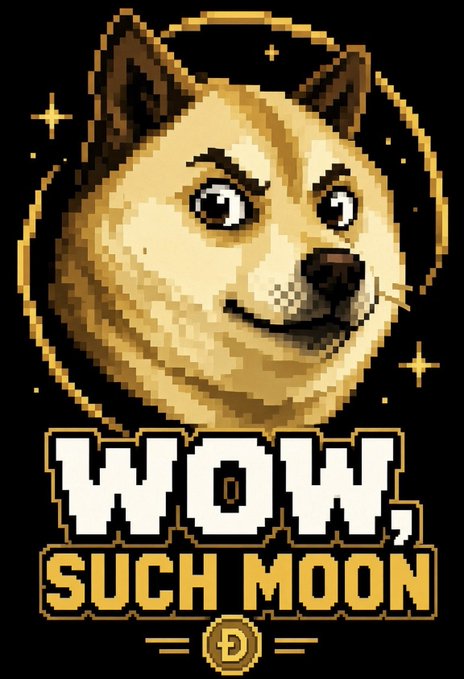 A pixel art meme of a Doge (Shiba Inu dog) with the text 'WOW, SUCH MOON' and a Dogecoin logo at the bottom.
