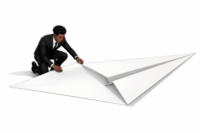 A surreal 3D illustration depicts a man in a black suit crouching and folding a giant white paper airplane against a white background.