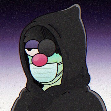 A close-up cartoon image shows the character Squidward Tentacles wearing a dark hood, purple eyeshadow, and a blue face mask against a purple, starry background.