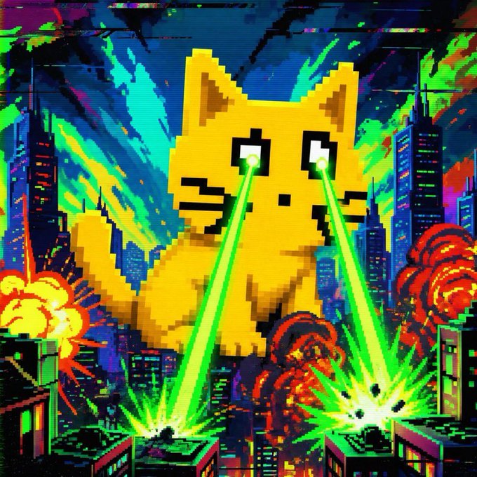 A colossal pixelated yellow cat towers over a burning cityscape, firing laser beams from its eyes and wreaking havoc in a retro 8-bit video game style—perfectly capturing the "Level up" sentiment with its epic, arcade-style intensity.