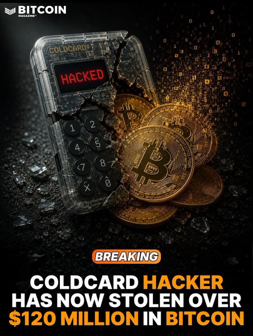 A Bitcoin Magazine breaking news graphic showing a cracked Coldcard hardware wallet displaying 'HACKED' next to gold Bitcoin coins. Text reads: 'COLDCARD HACKER HAS NOW STOLEN OVER $120 MILLION IN BITCOIN'.