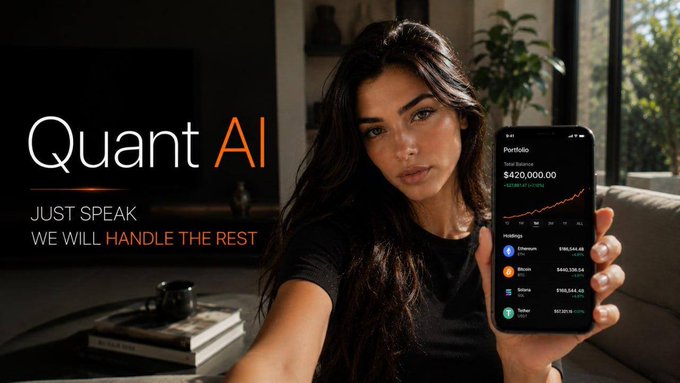 The image features a woman holding up her phone, which displays an app called "Quant AI" with a chatbot interface. The text on the image reads "Just speak", indicating that the app allows users to communicate with the chatbot for investment advice or trading purposes.